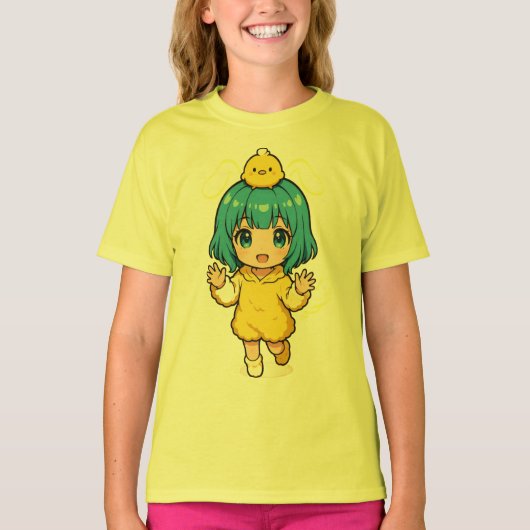 Cute Blue-Haired Chibi Girl in Chick T-Shirt (Vorderseite)