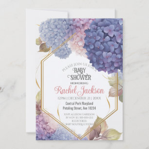 Cute Blue Hydrangea Blooms Baby Shower Gold Frame Einladung