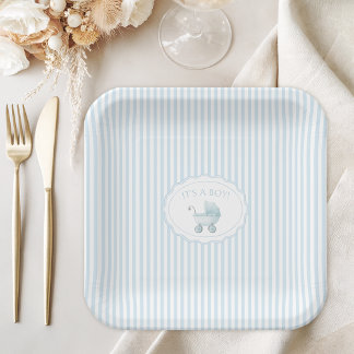 Cute Blue It's a Boy Stroller Baby Shower Pappteller