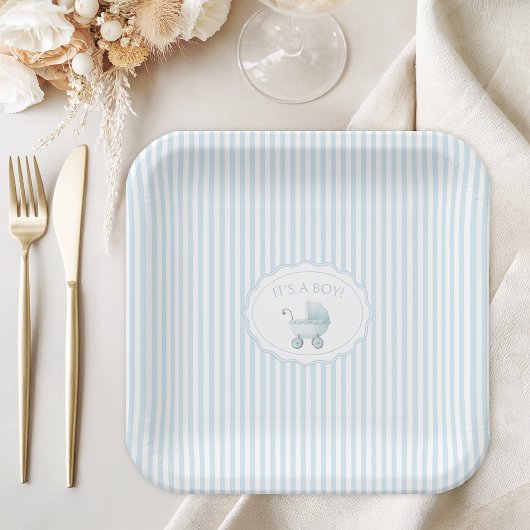 Cute Blue It's a Boy Stroller Baby Shower Pappteller