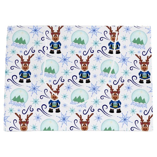 Cute Blue Kids Christmas Reindeer Große Geschenktüte (Vorderseite)