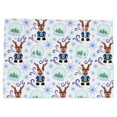Cute Blue Kids Christmas Reindeer Große Geschenktüte (Rückseite)