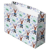 Cute Blue Kids Christmas Reindeer Große Geschenktüte (Rückseite Schrägansicht)