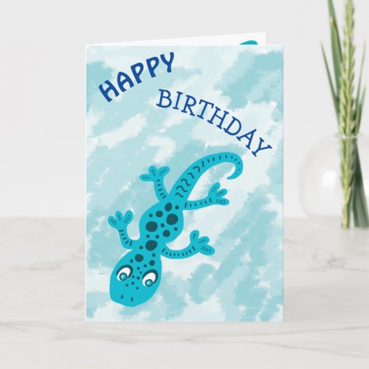 Cute Blue Lizard Gecko on Blue Happy Birthday Karte (Vorderseite)