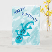 Cute Blue Lizard Gecko on Blue Happy Birthday Karte (Gelbe Blume)