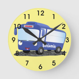Cute blue modern bus cartoon illustration runde wanduhr