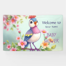 Cute Blue Pink Bird Floral Baby Shower Banner