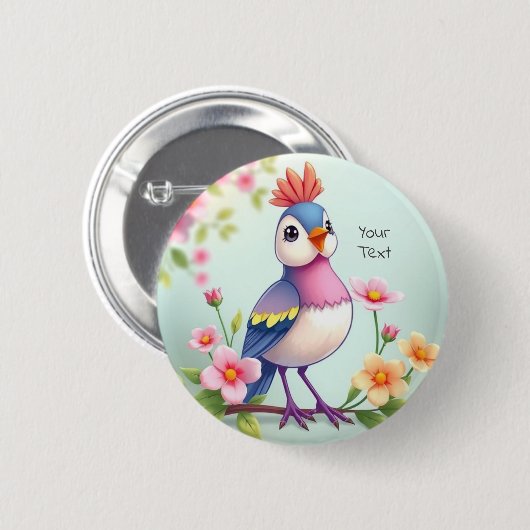 Cute Blue Pink Bird Floral Button (Vorne & Hinten)