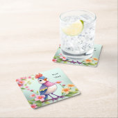 Cute Blue Pink Bird Floral Paper Coaster Rechteckiger Pappuntersetzer (Vor Ort)