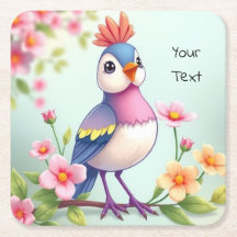Cute Blue Pink Bird Floral Paper Coaster