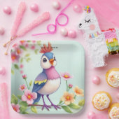 Cute Blue Pink Bird Floral Paper Plate Pappteller (Party)