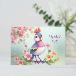 Cute Blue Pink Bird Floral Thank You Card Dankeskarte