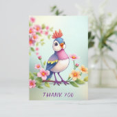 Cute Blue Pink Bird Floral Thank You Card Dankeskarte (Stehend Vorderseite)