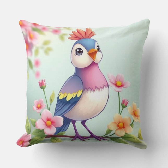 Cute Blue Pink Bird Floral Throw Pillow Kissen (Vorderseite)