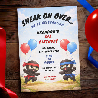 Cute Blue & Red Balloons Two Ninjas Kids Birthday Einladung