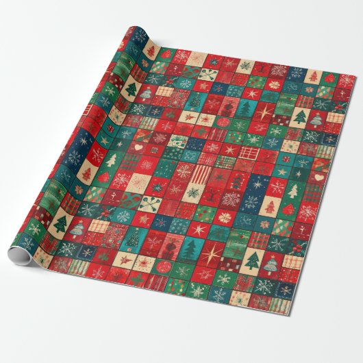 Cute blue red patchwork blocks geschenkpapier (Ungerollt)