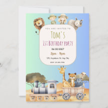 Cute Blue Safari 1st Birthday Invitation