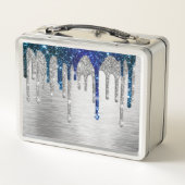 Cute Blue silver faux glitter Drips monogram Metall Brotdose (Rückseite)