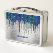 Cute Blue silver faux glitter Drips monogram Metall Brotdose (Vorderseite)