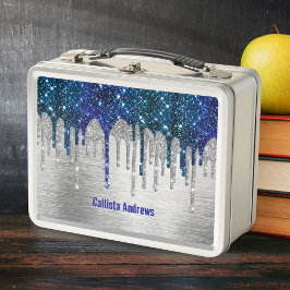 Cute Blue silver faux glitter Drips monogram Metall Brotdose