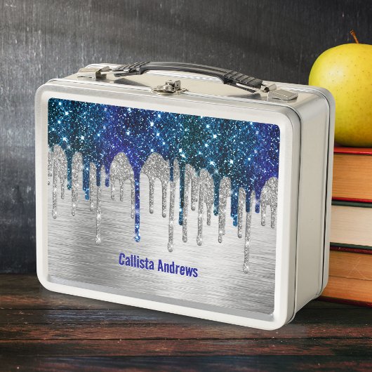 Cute Blue silver faux glitter Drips monogram Metall Brotdose