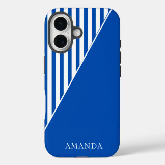 Cute Blue Striped Personalized Name iPhone 16 Hülle