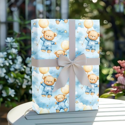 Cute Blue Teddy Bear Baby Boy Shower Geschenkpapier