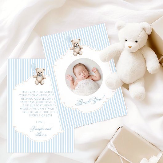 Cute Blue Teddy Bear Baby Boy Shower Photo Dankeskarte