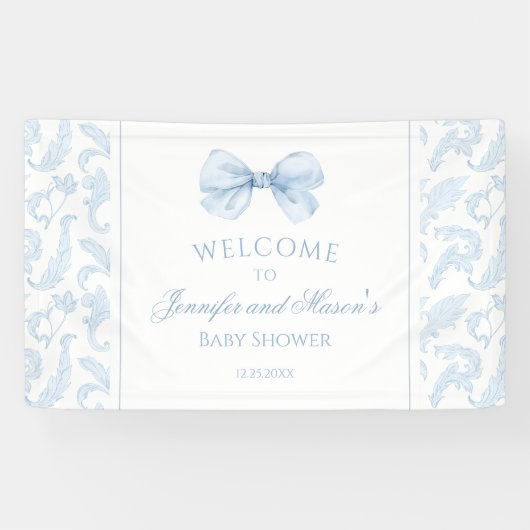 Cute Blue Toile Bow Baby Boy Shower Welcome Banner (Horizontal)