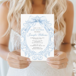 Cute Blue Toile Frame Bow Baby Boy Shower Einladung