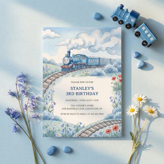 Cute Blue Train Watercolor Boys Birthday Party Einladung