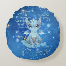 Cute Blue Winter Dragon – Magical Snowflake Rundes Kissen