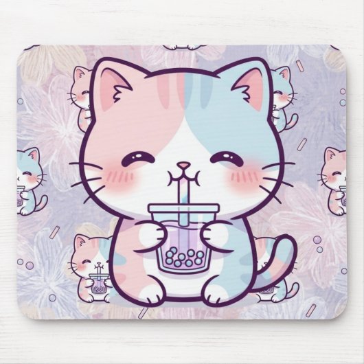 Cute Boba Tea Kitten Mousepad - Aesthetic Pastel  (Vorne)