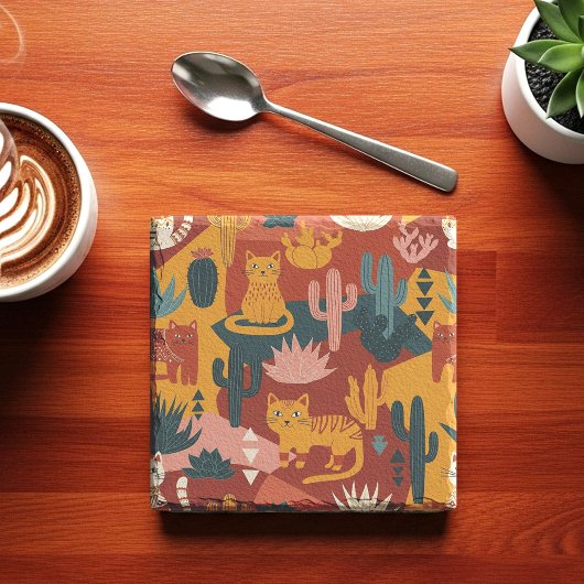 Cute Boho Desert Cats Cactus Succulent Pattern Steinuntersetzer