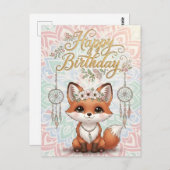 Cute Boho Fox Happy Birthday Card with Dreamcatche Postkarte (Vorne/Hinten)