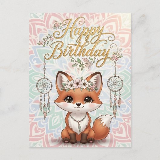 Cute Boho Fox Happy Birthday Card with Dreamcatche Postkarte (Vorderseite)