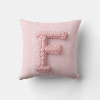 Cute boho pink crocheted letter F Round Pillow Kissen