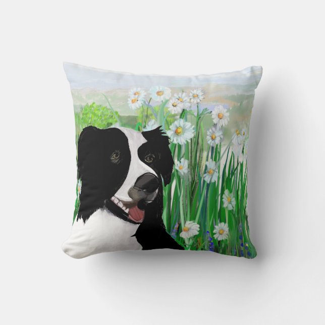 Cute, Border Collie Daisies Wall Art Poster Kissen (Vorderseite)