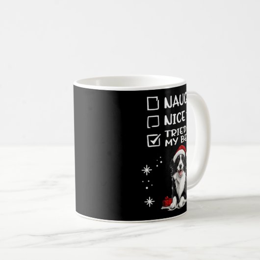 Cute Border Collie Dog Christmas Naughty Nice Trie Kaffeetasse (VorderseiteRechts)