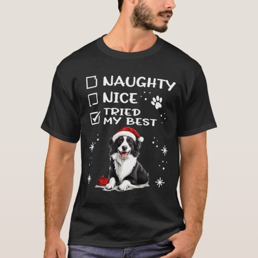 Cute Border Collie Dog Christmas Naughty Nice Trie T-Shirt (Vorderseite)