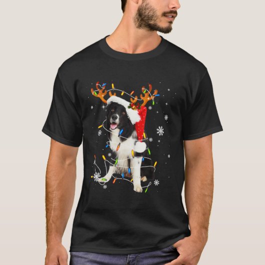 Cute Border Collie Dog Lights Santa Hat Xmas Tree T-Shirt (Vorderseite)