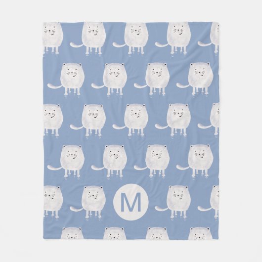 Cute Bouncing White Cat Pattern Monogram Blue Fleecedecke (Vorderseite)