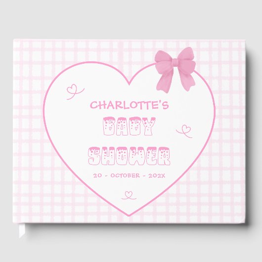 Cute Bow Pastel Pink Gingham Baby Shower Gästebuch (Vorderseite)