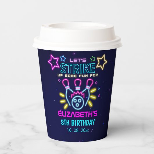 Cute Bowling Neon  Birthday Girl Pappbecher (Rückseite)