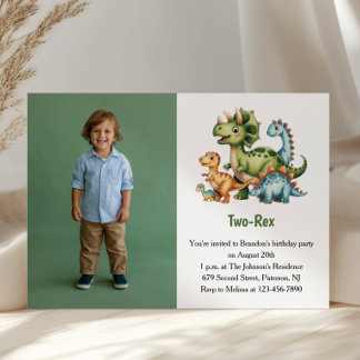 Cute Boy Dinosaur Photo Kids 2nd Birthday Party Einladung