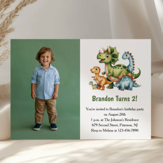 Cute Boy Dinosaur Photo Kids 2nd Birthday Party Einladung