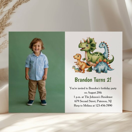 Cute Boy Dinosaur Photo Kids 2nd Birthday Party Einladung