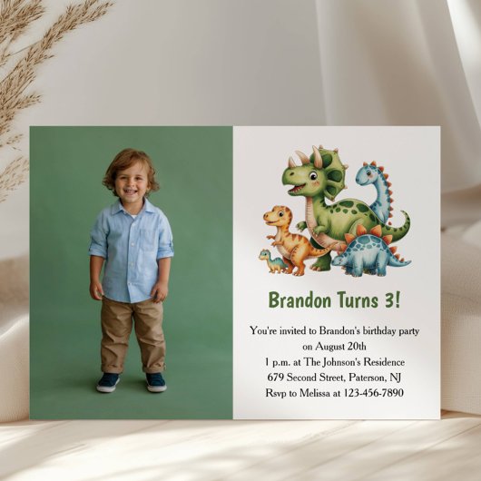 Cute Boy Dinosaur Photo Kids 3rd Birthday Party Einladung