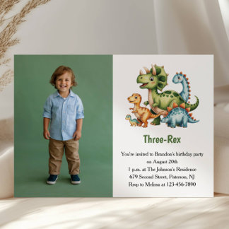 Cute Boy Dinosaur Photo Kids 3rd Birthday Party Einladung