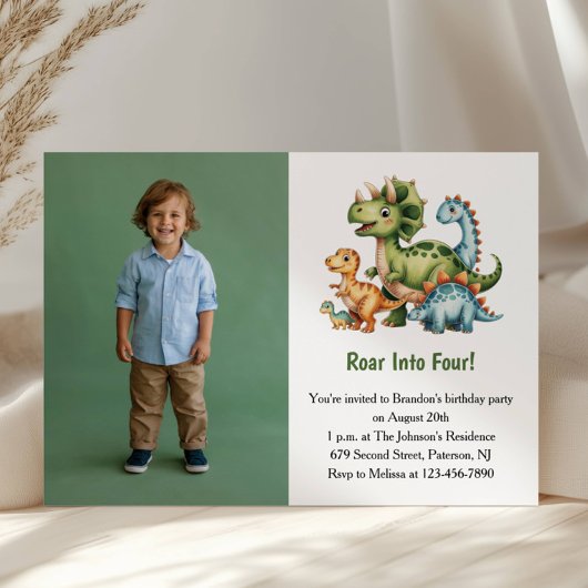 Cute Boy Dinosaur Photo Kids 4th Birthday Party Einladung